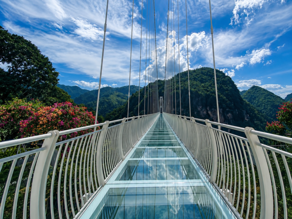Glass bridge near Vang Vieng Laos - spectacular gorge view with karst mountains
