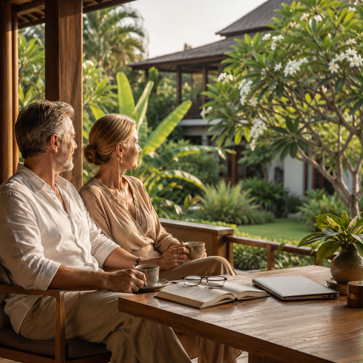 Expat couple enjoying retirement in Laos tropical garden Vientiane