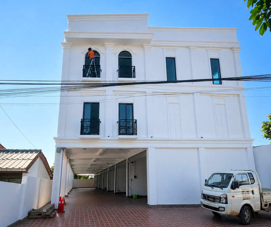 appartement-facade-exterieur-location-sisatanak-vientiane-laos Facade extérieur immeuble appartement 2 chambres location Sisatanak Vientiane Laos – parking parking expat