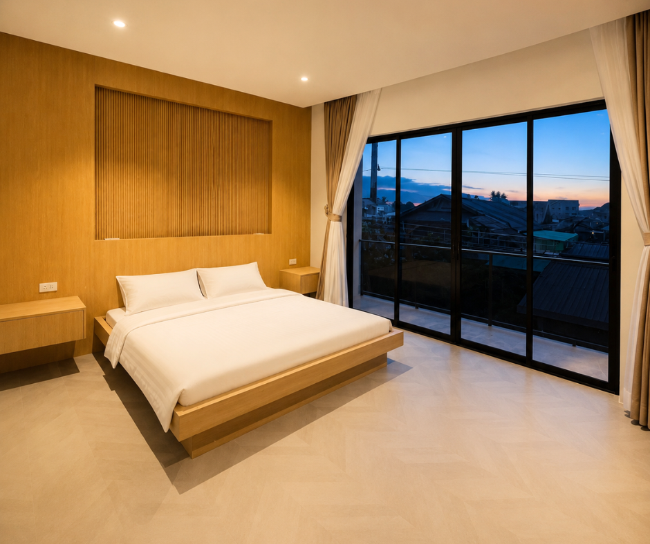 villa-chambre-master-vue-ville-location-sisatanak-vientiane-laos Chambre master villa 3 chambres location Sisatanak Vientiane Laos – chambre luxe vue ville coucher soleil proche ambassade USA