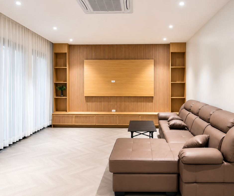 Villa 3 chambres moderne à louer secteur Sisatanak Vientiane Laos – salon design bois climatisé proche ambassade USA