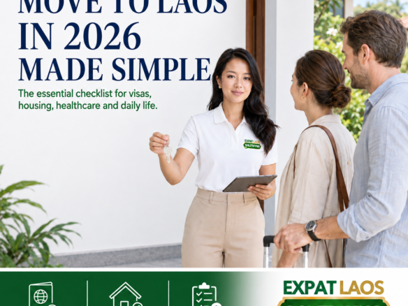 An Expat Laos SALITHYNA agent handing house keys to a newly arrived expat couple, under the headline Move to Laos in 2026 Made Simple