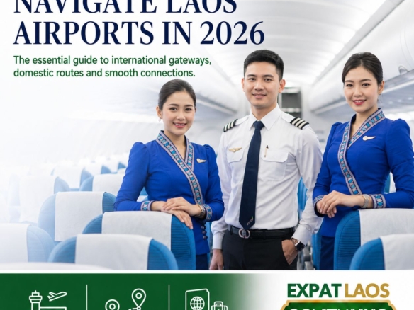 Two Lao Airlines flight attendants and a captain in an aircraft cabin, under the headline Navigate Laos Airports in 2026