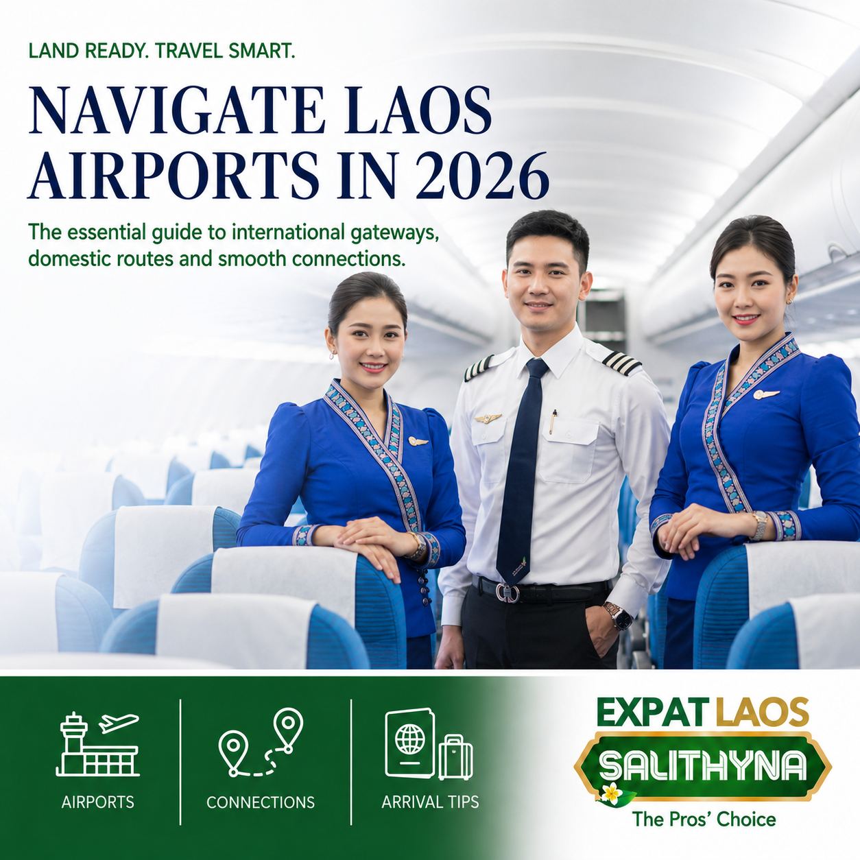 Two Lao Airlines flight attendants and a captain in an aircraft cabin, under the headline Navigate Laos Airports in 2026