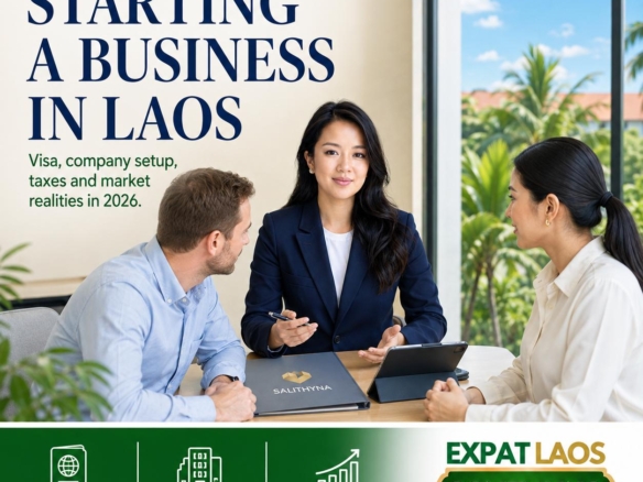 Three professionals in a Vientiane meeting room reviewing a tablet and a SALITHYNA folder, under the headline Starting a Business in Laos