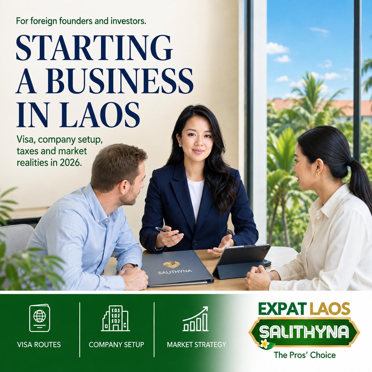 Three professionals in a Vientiane meeting room reviewing a tablet and a SALITHYNA folder, under the headline Starting a Business in Laos