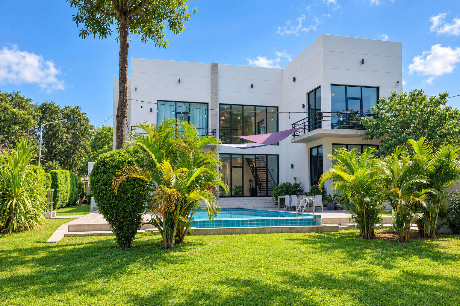 Modern villa with swimming pool for rent in Vientiane – facade and tropical garden