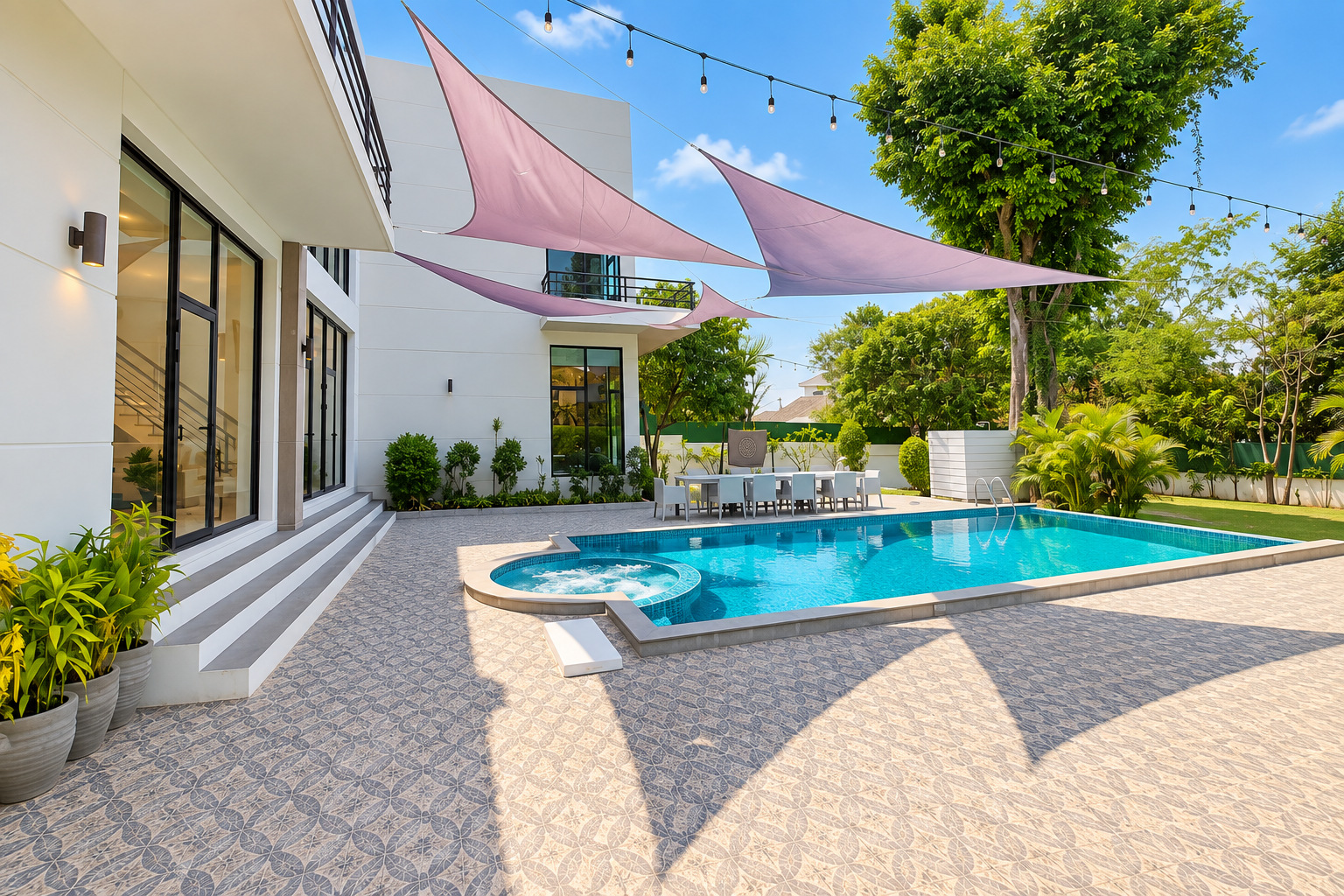 Pool terrace with outdoor dining table – modern villa Vientiane
