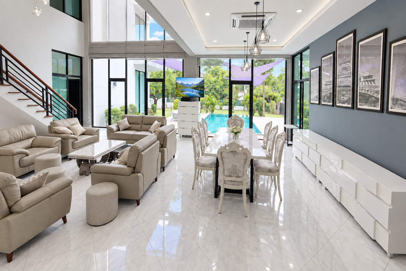 Double-height living and dining room opening onto the pool – villa Vientiane