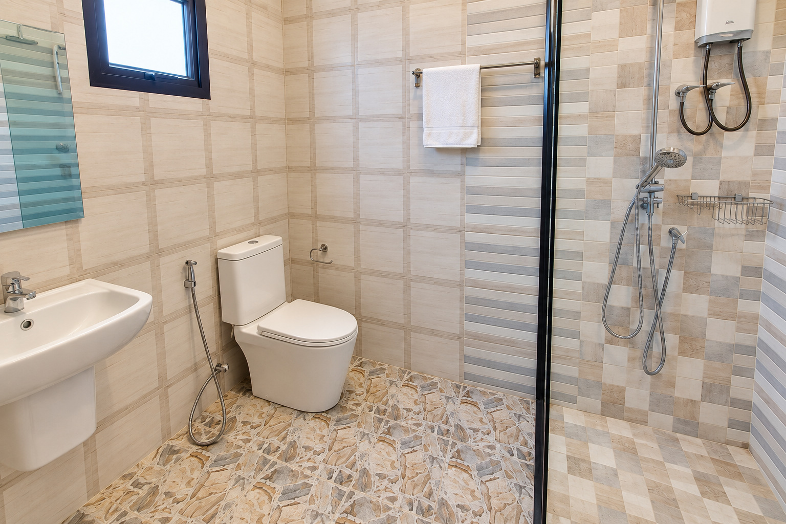 Bathroom with walk-in shower and hot water – villa Vientiane