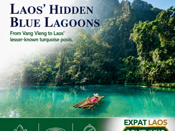 Laos' Hidden Blue Lagoons cover: forested limestone karst near Vang Vieng, Laos