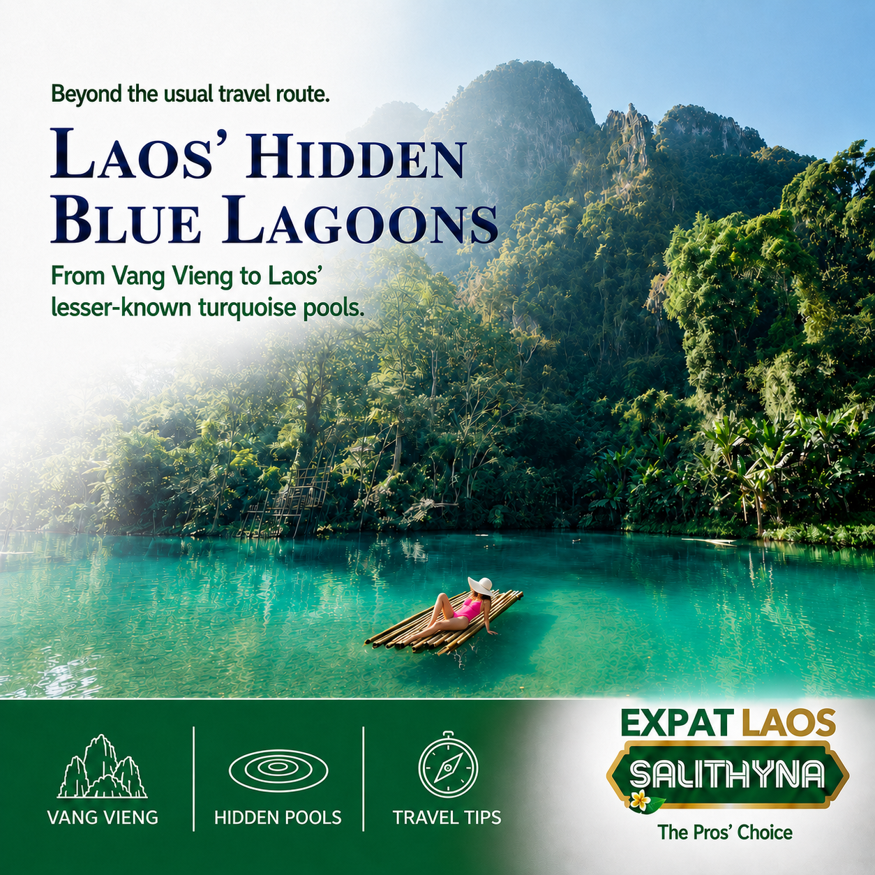 Laos' Hidden Blue Lagoons cover: forested limestone karst near Vang Vieng, Laos