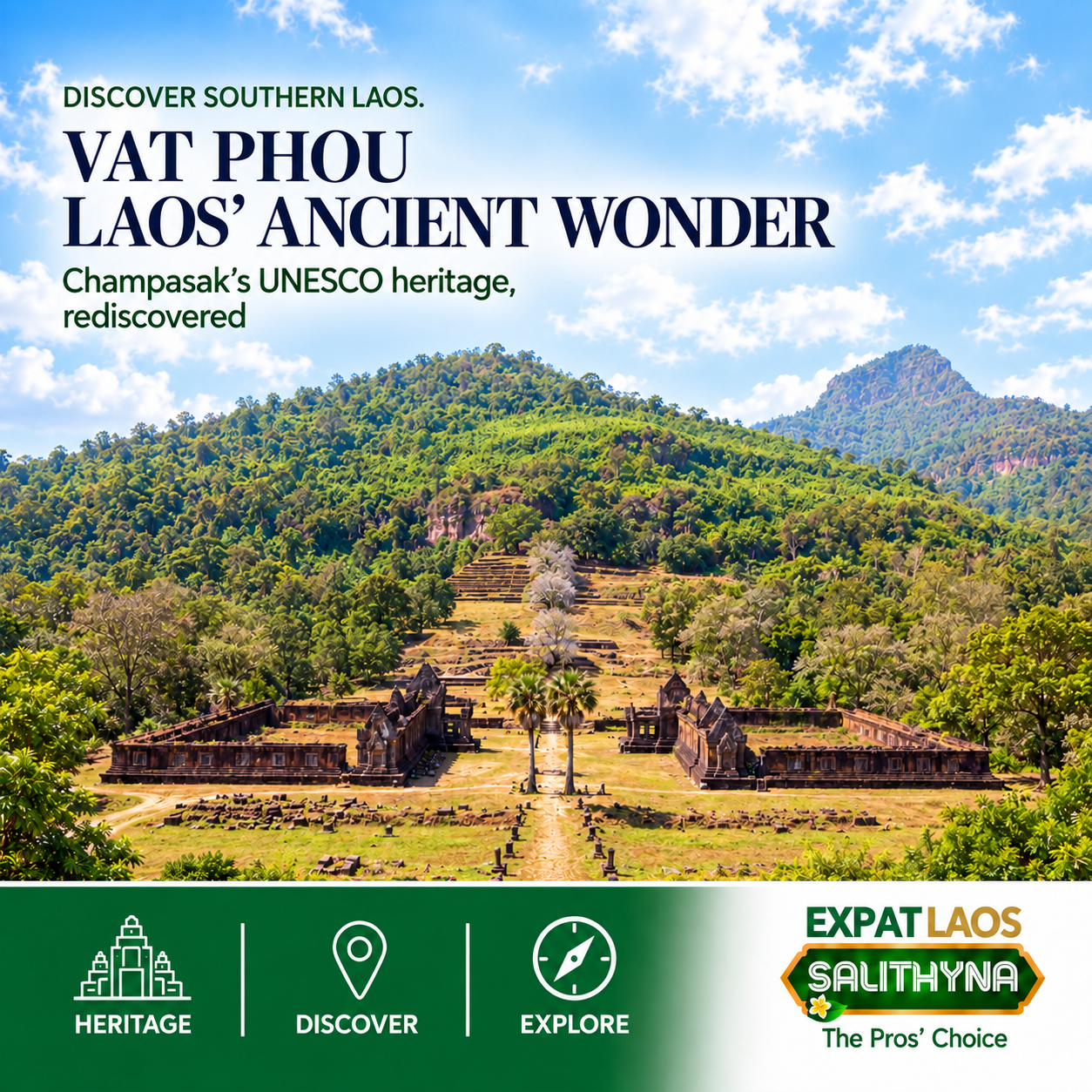 Vat Phou temple ruins and stone stairway rising toward Phou Kao mountain in Champasak, southern Laos