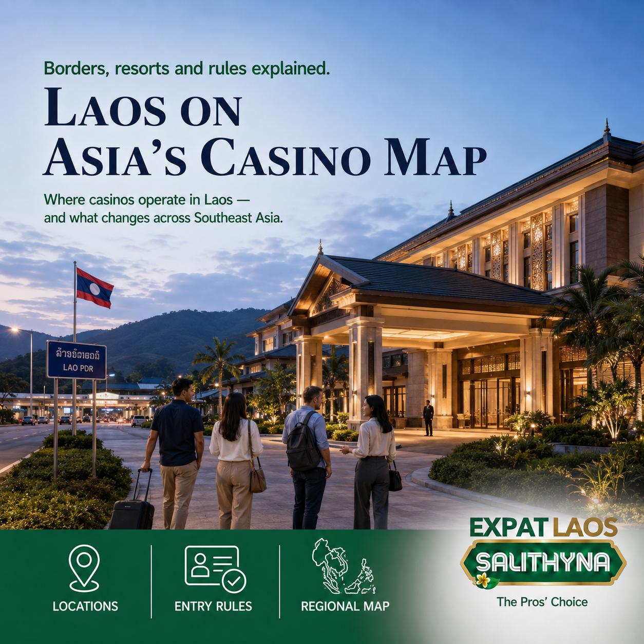 Travellers walking towards a Lao border resort under the headline Laos on Asia's Casino Map