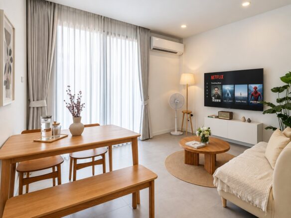 Living and dining room of the 2-bedroom apartment for rent in central Vientiane, Laos
