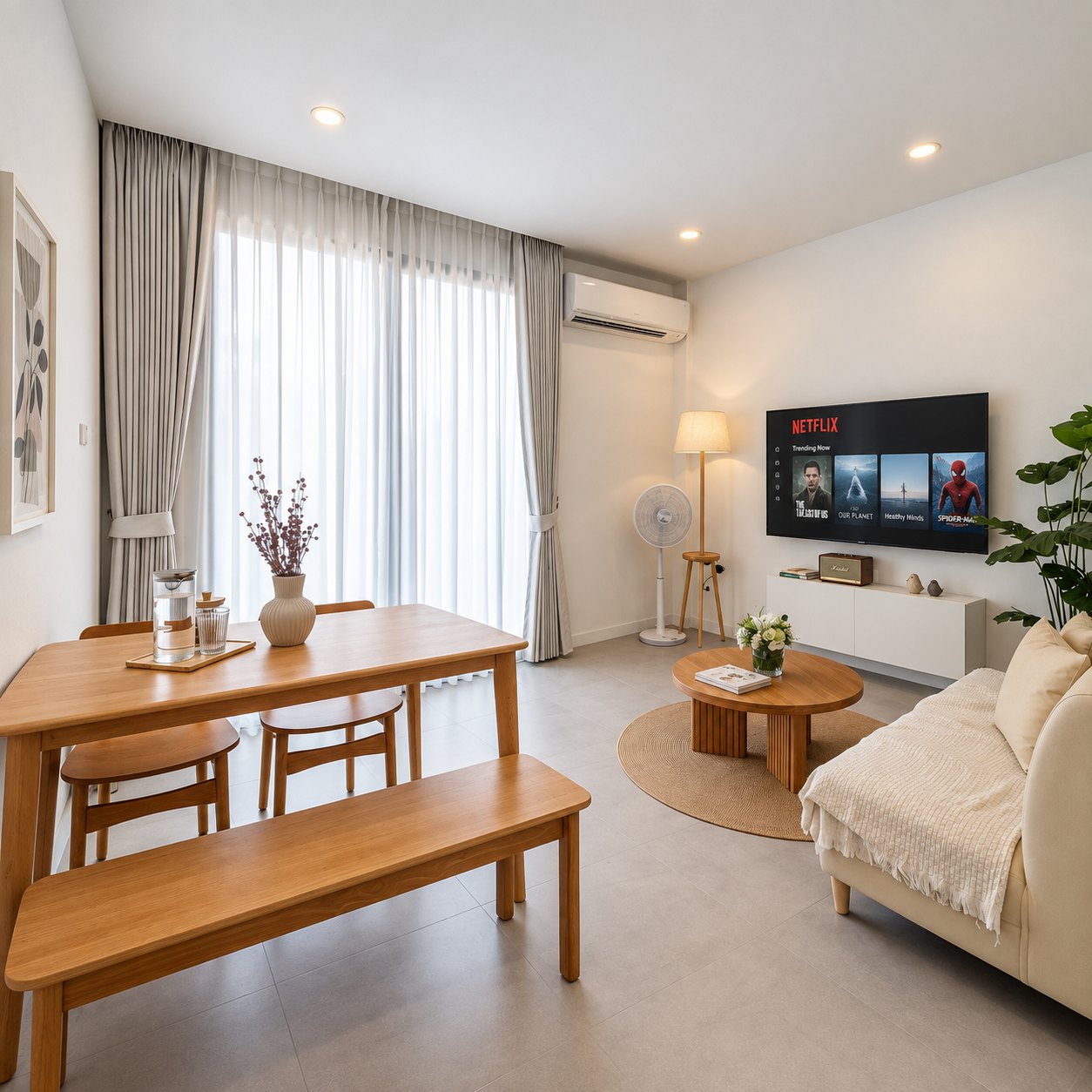 Living and dining room of the 2-bedroom apartment for rent in central Vientiane, Laos