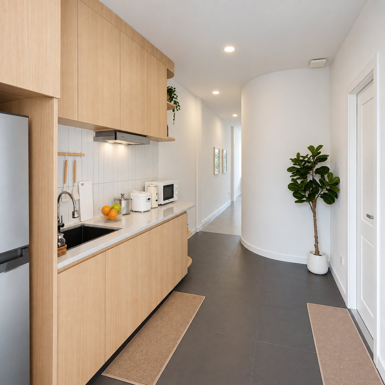 Kitchen and entrance of the apartment for rent in central Vientiane