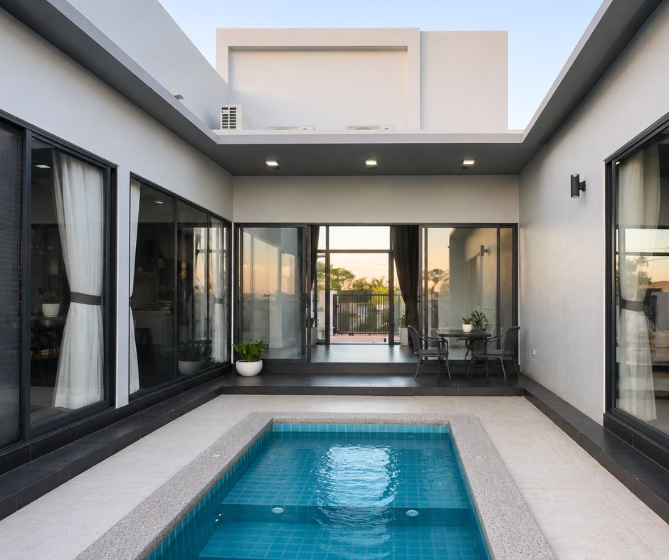 villa khamsavath vientiane courtyard plunge pool Inner courtyard with plunge pool at a modern villa in Vientiane