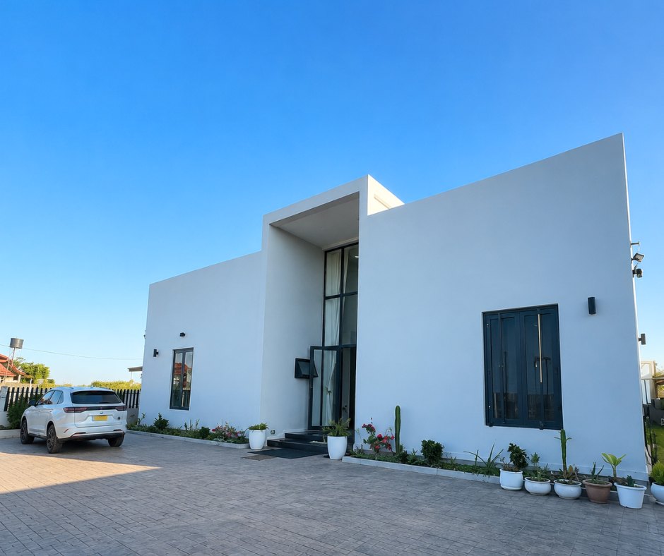 villa khamsavath vientiane exterior front Modern white villa exterior with driveway parking near Khamsavath station, Vientiane