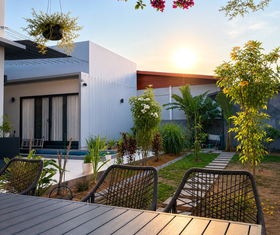 villa khamsavath vientiane garden terrace sunset Garden terrace at sunset with outdoor seating at a Vientiane villa