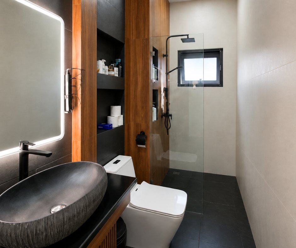 villa khamsavath vientiane main bathroom Bathroom with stone basin and walk-in rain shower in a Vientiane villa