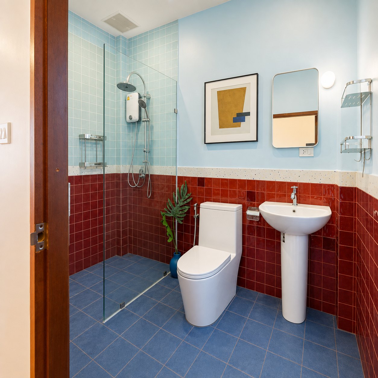 villa sisattanak vientiane bathroom Bathroom with red and blue tiling and glass walk-in shower in a Vientiane villa