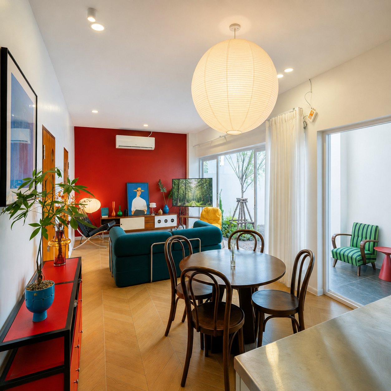 villa sisattanak vientiane living dining Living and dining area with round table and red feature wall in a Vientiane rental villa