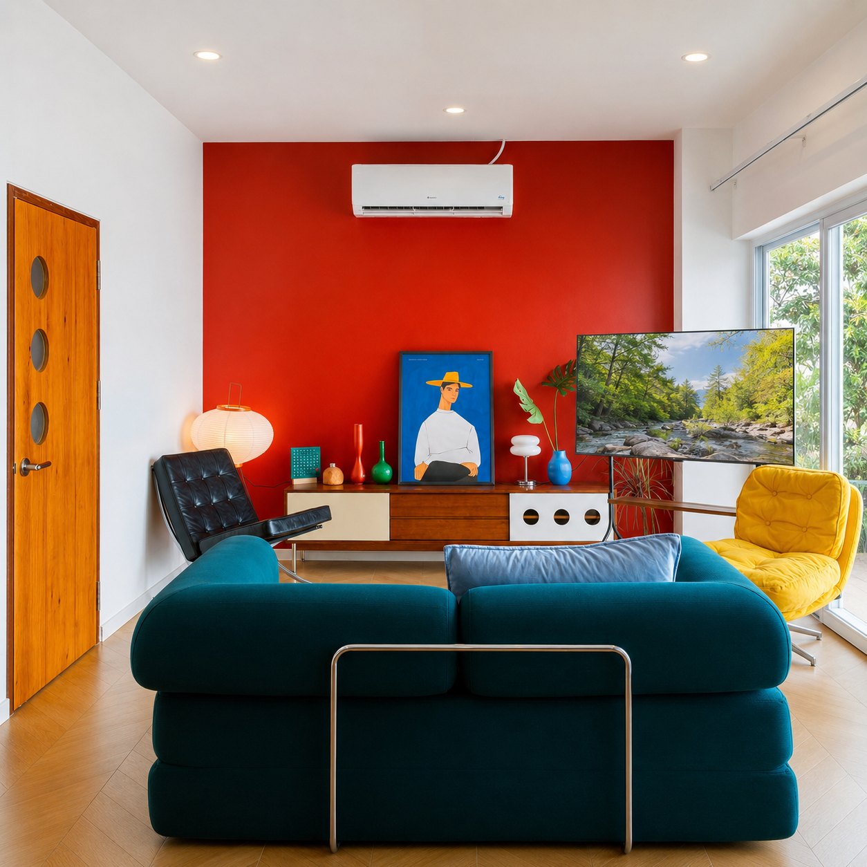 villa sisattanak vientiane living room red wall Living room with red feature wall, teal sofa and yellow armchair in a 2-bedroom villa in Sisattanak, Vientiane