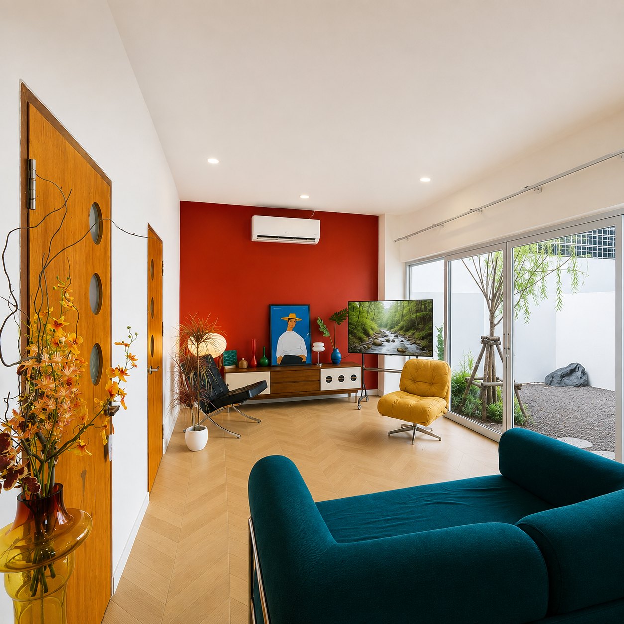 villa sisattanak vientiane living room view Living room seen from the entrance, red wall and courtyard doors, Sisattanak Vientiane