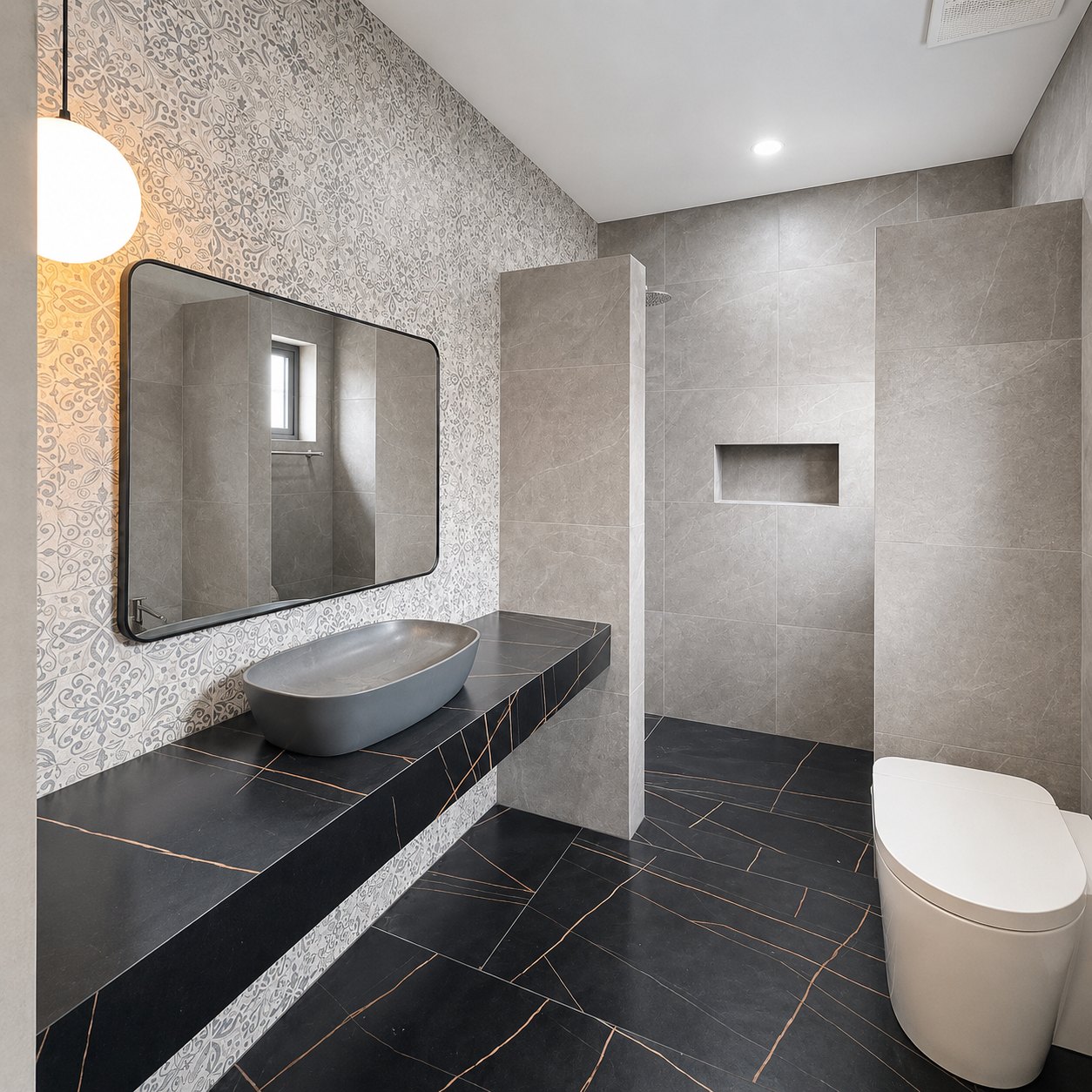 Bathroom with stone basin, walk-in rain shower and patterned tiling in a Vientiane villa