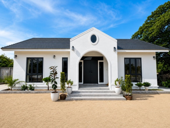 New modern white villa with arched entrance in southern Vientiane, near the Mekong