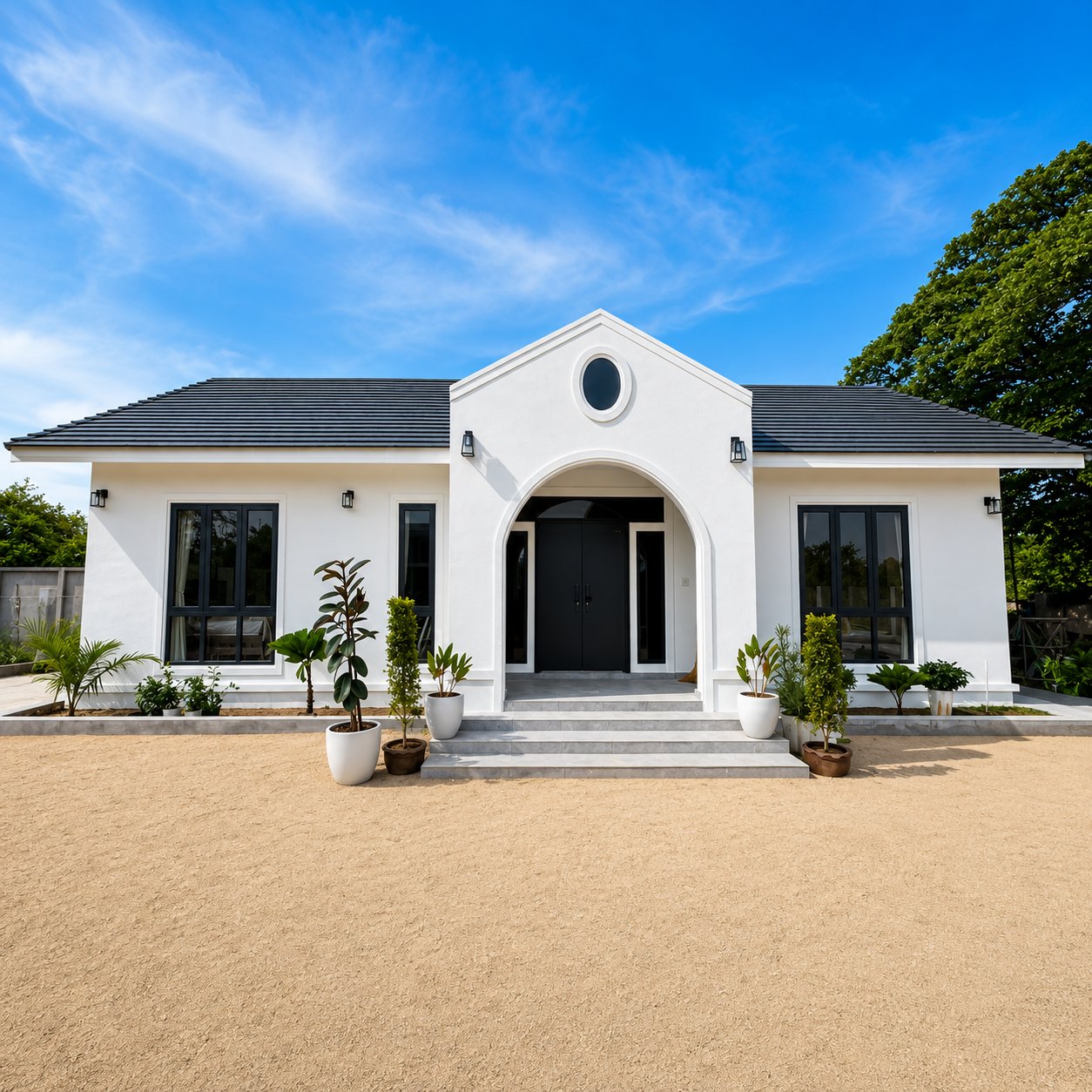 New modern white villa with arched entrance in southern Vientiane, near the Mekong