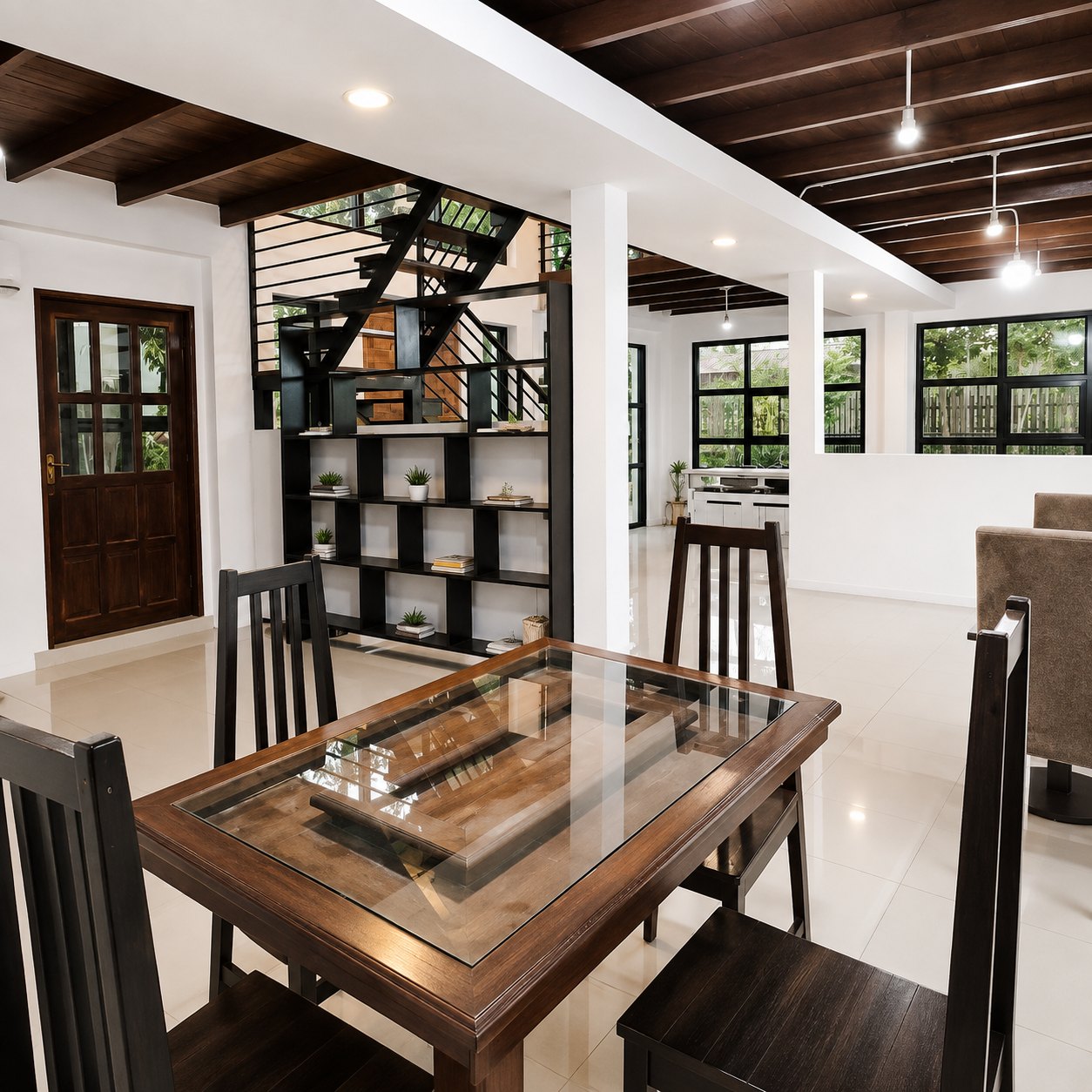 Dining room with glass-top table and open shelving in a 3-bedroom villa in Vientiane
