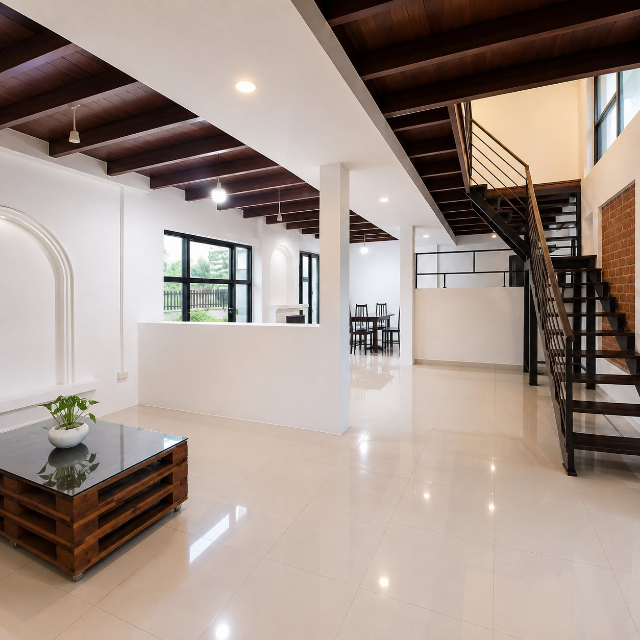 Open living area with exposed dark timber beams and black steel staircase in a Vientiane villa