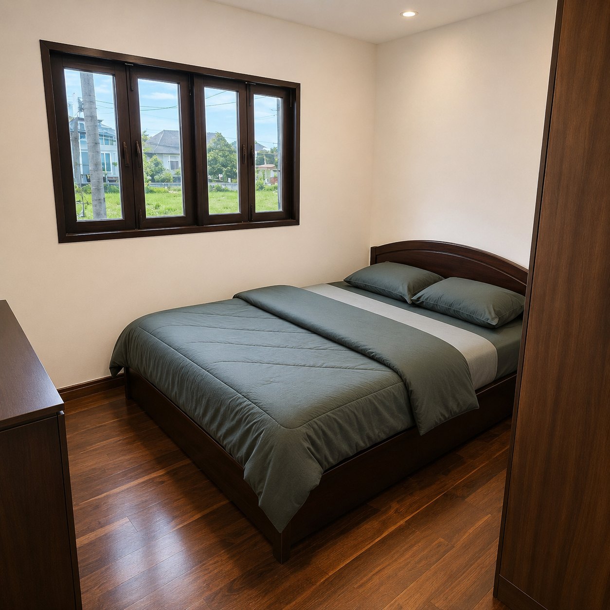 Second bedroom with upholstered bed and air conditioning in a Vientiane rental villa