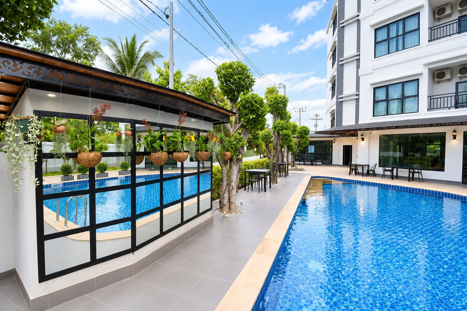 Swimming pool and garden terrace of the residence – 1-bedroom apartment near VIS, Sisattanak, Vientiane
