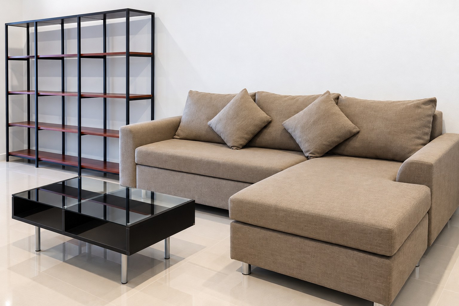 Living room with corner sofa and shelving – 1-bedroom apartment near VIS, Sisattanak, Vientiane