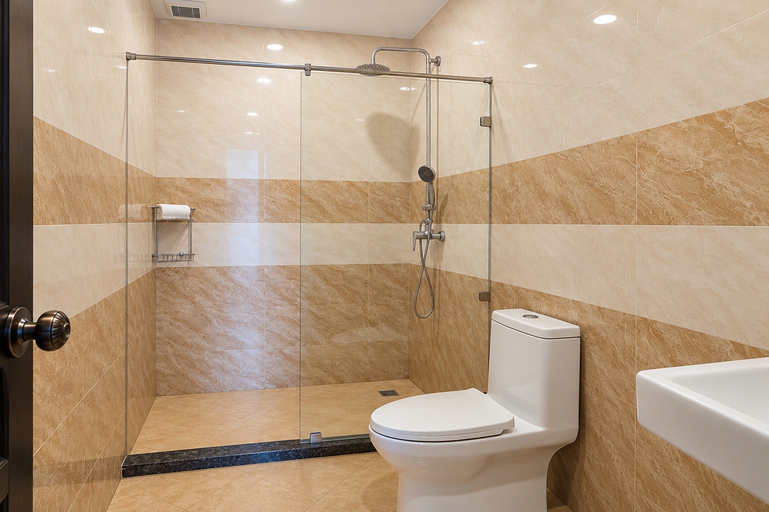 Bathroom with walk-in rain shower – 1-bedroom apartment near VIS, Sisattanak, Vientiane