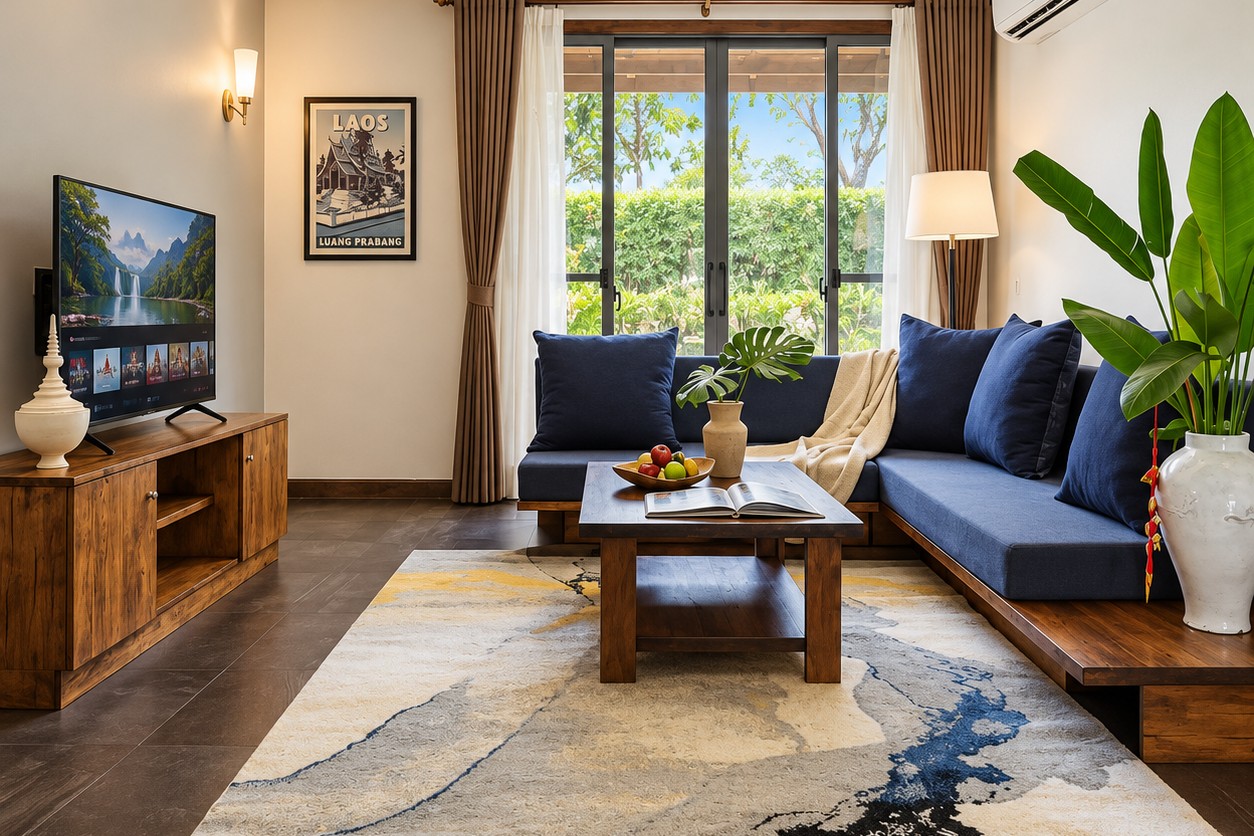 Living room with garden view – 2-bedroom duplex apartment Vientiane