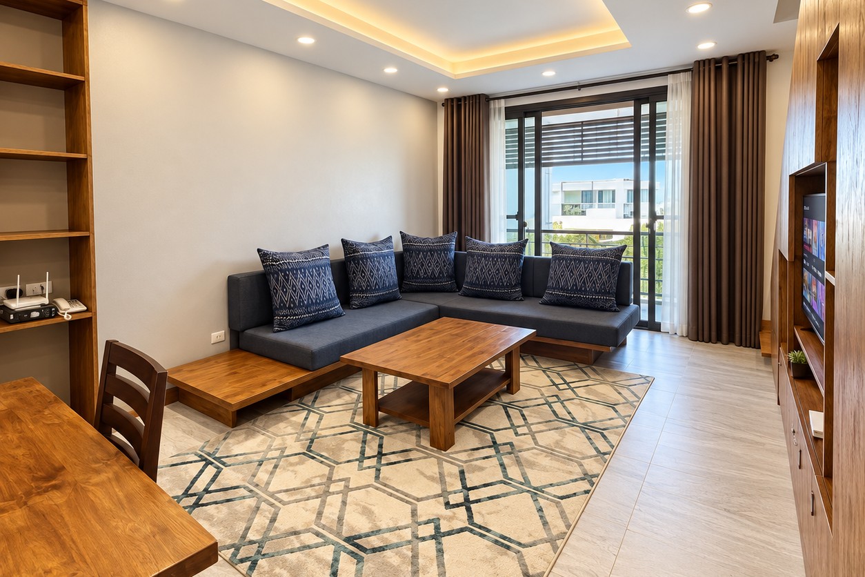 Living room with Lao textile cushions – apartment for rent Vientiane