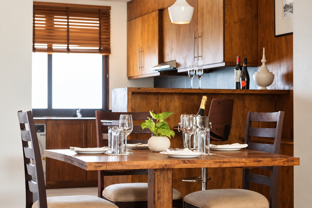 Dining area and wood kitchen – furnished apartment Vientiane
