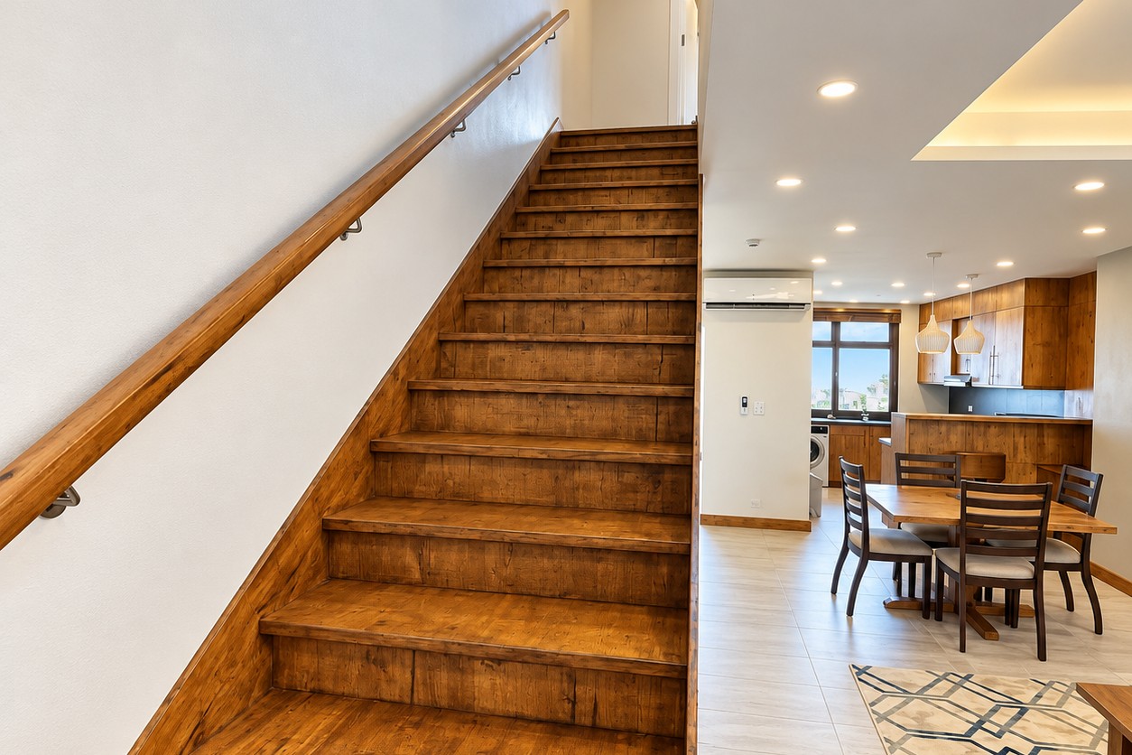 Wooden staircase to upstairs bedrooms – duplex apartment Vientiane