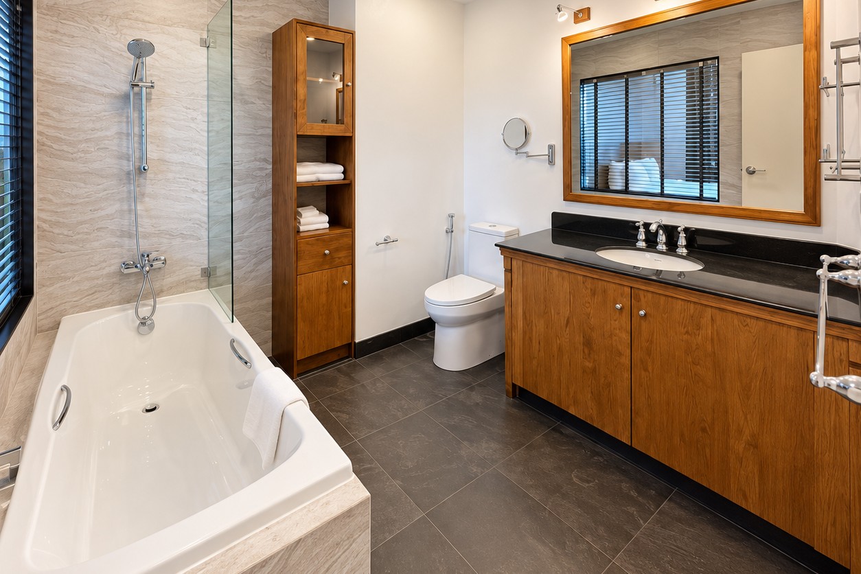 Bathroom with vanity and bathtub – serviced apartment Vientiane
