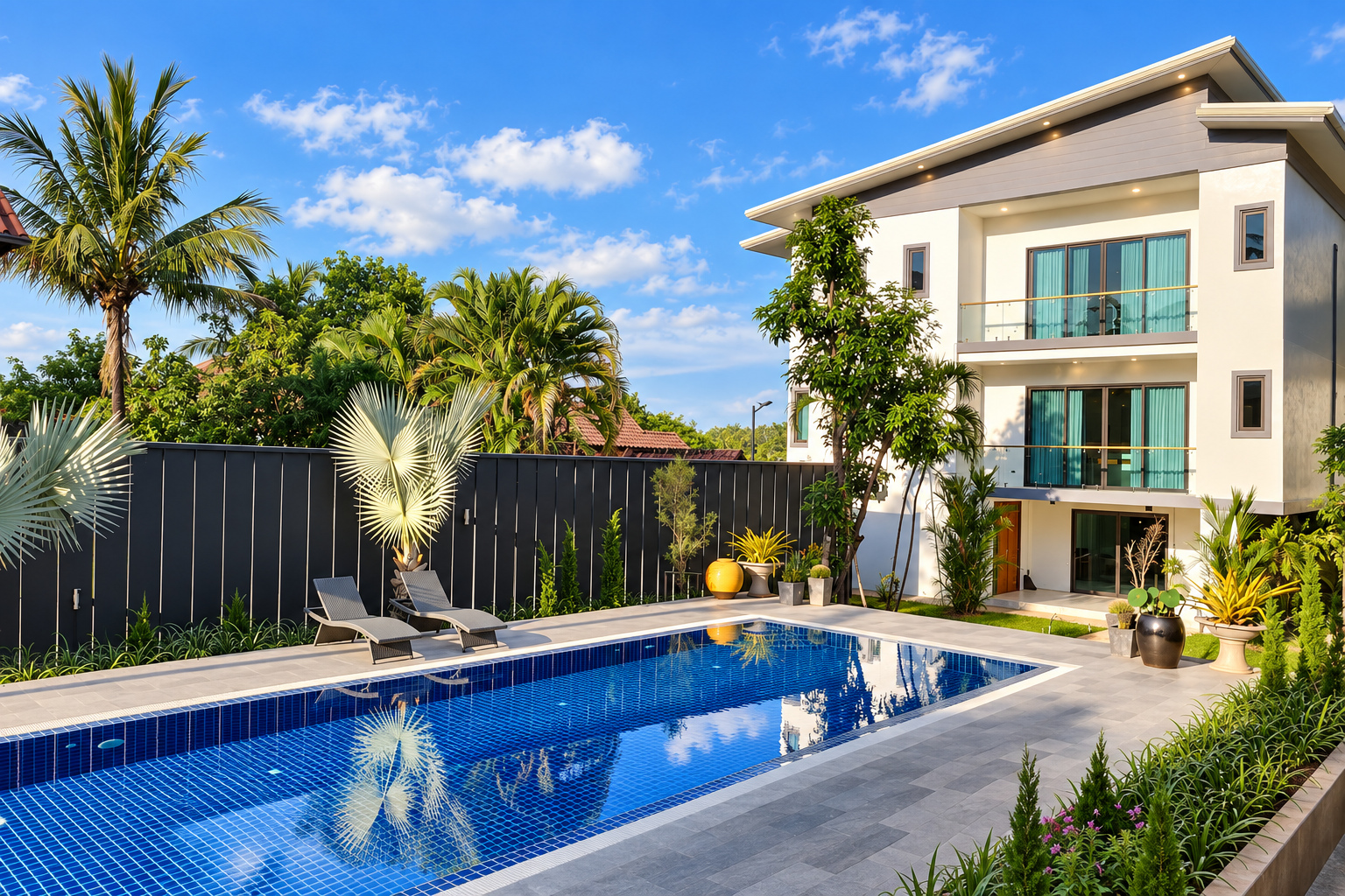 Swimming pool with sun loungers in the garden – large apartment 2 bedrooms with pool and gym, Sisattanak expat area, Vientiane