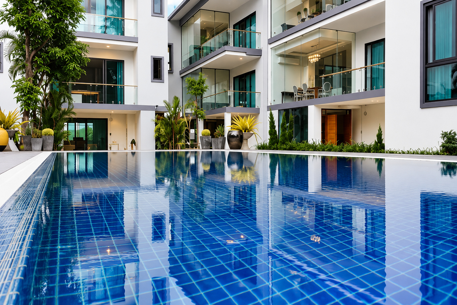 Infinity-style pool facing the apartments – large apartment 2 bedrooms with pool and gym, Sisattanak expat area, Vientiane