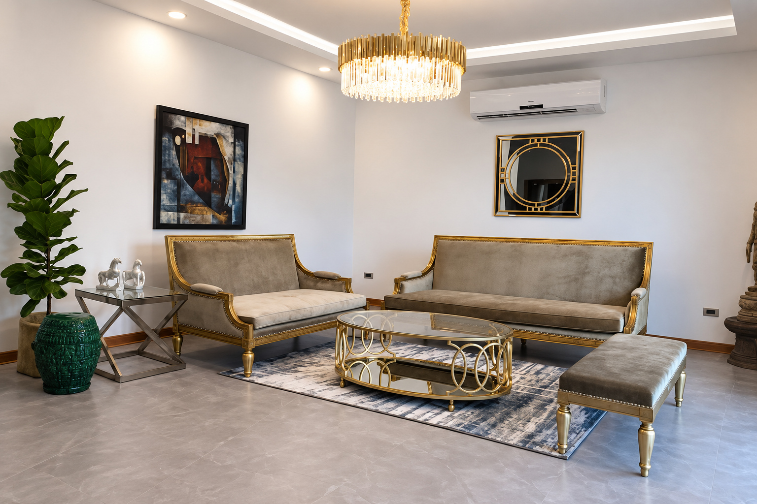 Second sitting area with gold-framed furniture – large apartment 2 bedrooms with pool and gym, Sisattanak expat area, Vientiane
