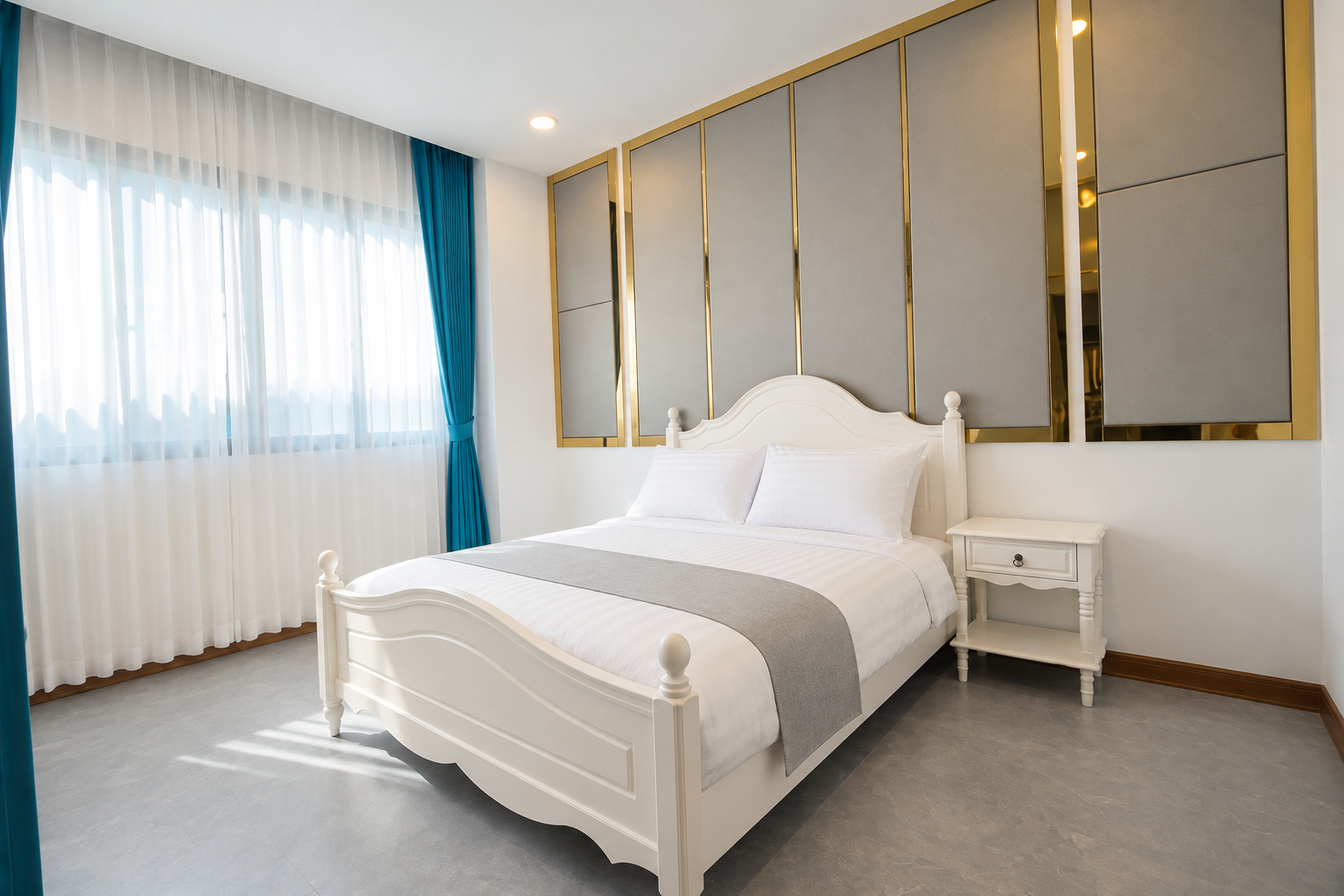 Bedroom with upholstered headboard wall and double bed – large apartment 2 bedrooms with pool and gym, Sisattanak expat area, Vientiane