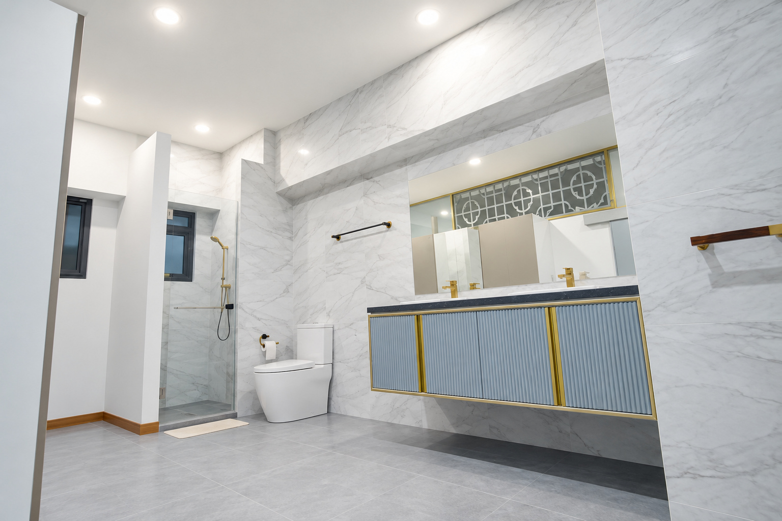 Marble bathroom with double vanity and walk-in shower – large apartment 2 bedrooms with pool and gym, Sisattanak expat area, Vientiane
