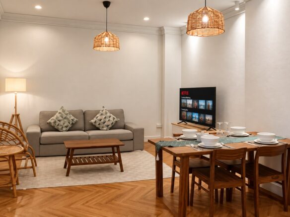 Living and dining room of 2-bedroom apartment for rent in Sisattanak expat area, Vientiane