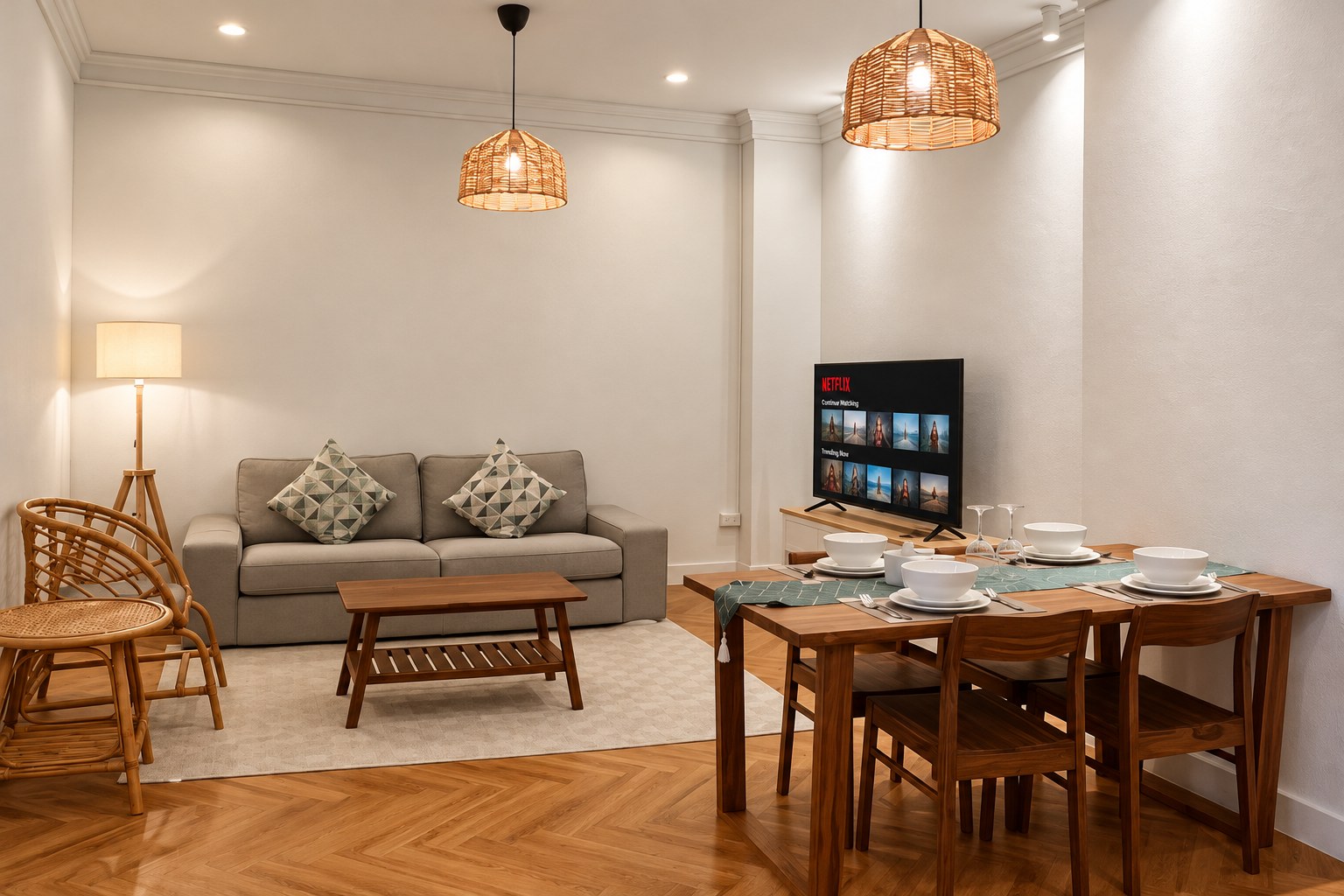 Living and dining room of 2-bedroom apartment for rent in Sisattanak expat area, Vientiane